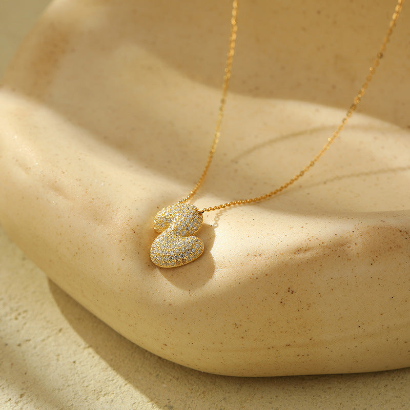 Bubble Letter Initial Pendant Necklace – Stainless Steel Zircon Jewelry for Women, 26 Letters Available