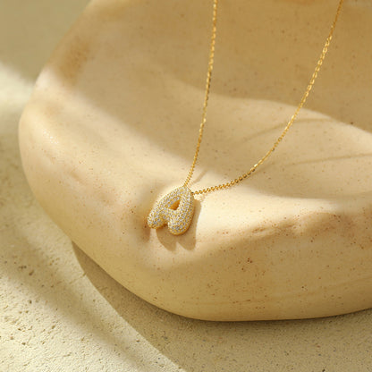 Bubble Letter Initial Pendant Necklace – Stainless Steel Zircon Jewelry for Women, 26 Letters Available