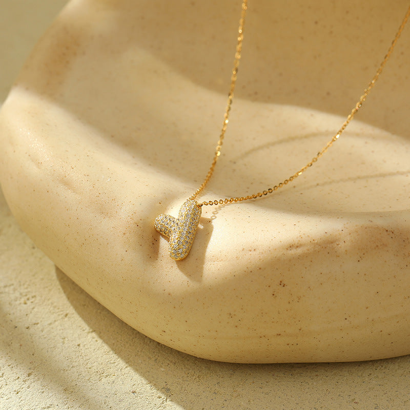 Bubble Letter Initial Pendant Necklace – Stainless Steel Zircon Jewelry for Women, 26 Letters Available