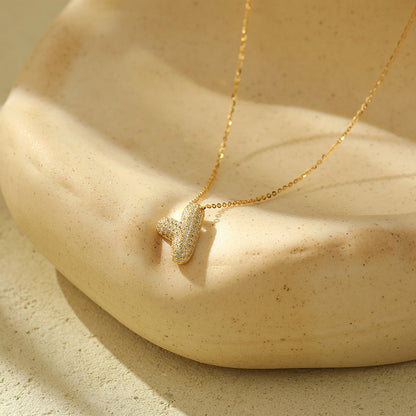 Bubble Letter Initial Pendant Necklace – Stainless Steel Zircon Jewelry for Women, 26 Letters Available
