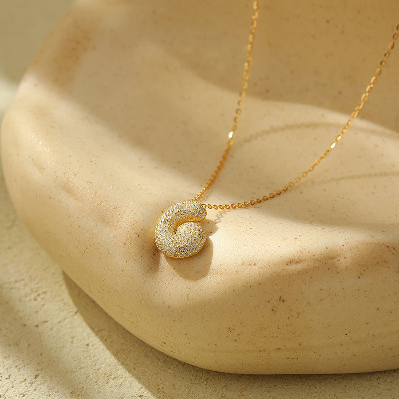 Bubble Letter Initial Pendant Necklace – Stainless Steel Zircon Jewelry for Women, 26 Letters Available