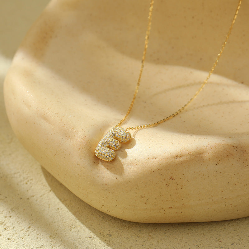 Bubble Letter Initial Pendant Necklace – Stainless Steel Zircon Jewelry for Women, 26 Letters Available