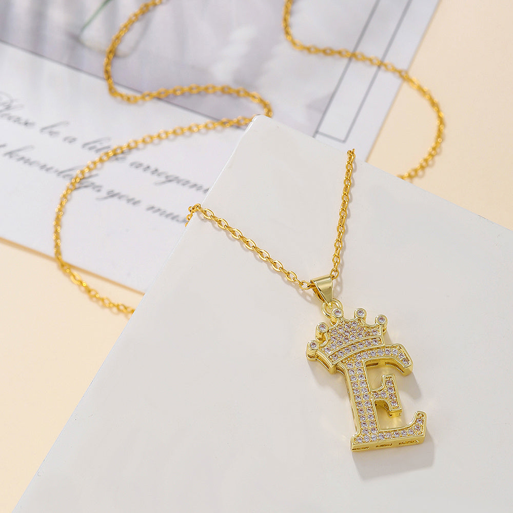 Gold Crown Letter Pendant Necklace – Elegant Diamond Initial Jewelry for Women, Gifts & Parties