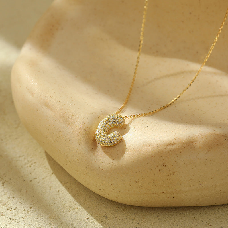 Bubble Letter Initial Pendant Necklace – Stainless Steel Zircon Jewelry for Women, 26 Letters Available