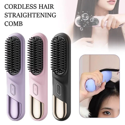 Cordless Hair Straightener Brush – Wet & Dry Fast Heating Flat Iron with Negative Ions for Smooth or Curly Hair