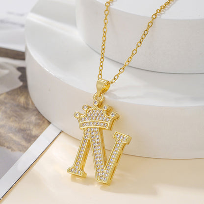 Gold Crown Letter Pendant Necklace – Elegant Diamond Initial Jewelry for Women, Gifts & Parties