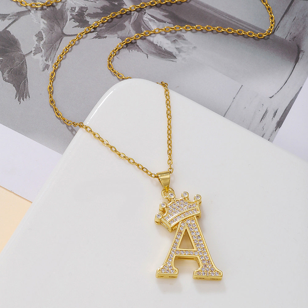 Gold Crown Letter Pendant Necklace – Elegant Diamond Initial Jewelry for Women, Gifts & Parties