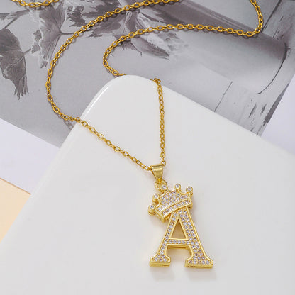 Gold Crown Letter Pendant Necklace – Elegant Diamond Initial Jewelry for Women, Gifts & Parties
