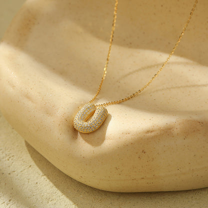 Bubble Letter Initial Pendant Necklace – Stainless Steel Zircon Jewelry for Women, 26 Letters Available