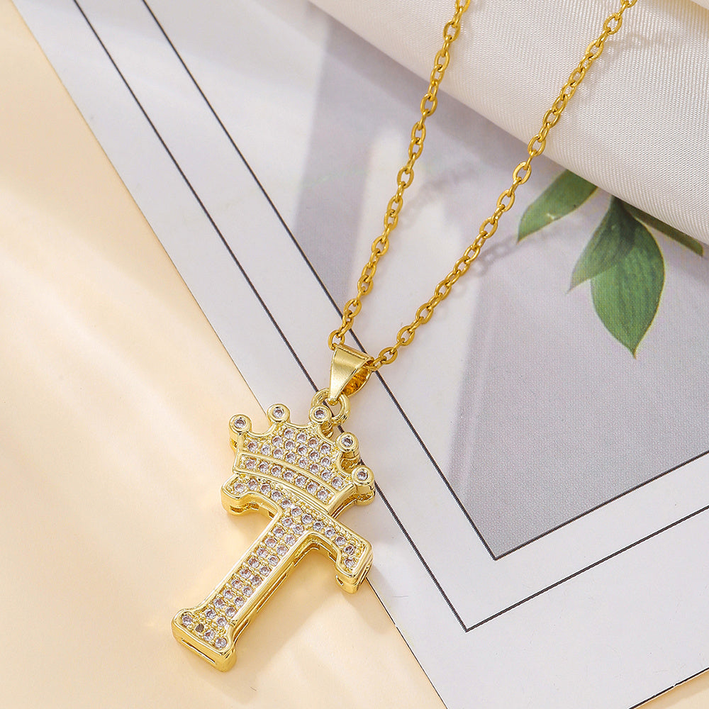 Gold Crown Letter Pendant Necklace – Elegant Diamond Initial Jewelry for Women, Gifts & Parties