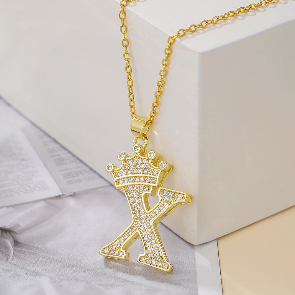 Gold Crown Letter Pendant Necklace – Elegant Diamond Initial Jewelry for Women, Gifts & Parties