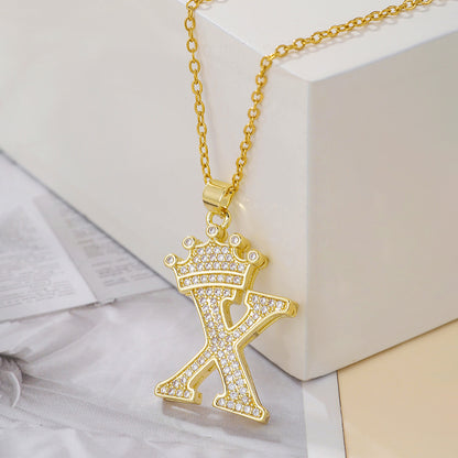 Gold Crown Letter Pendant Necklace – Elegant Diamond Initial Jewelry for Women, Gifts & Parties