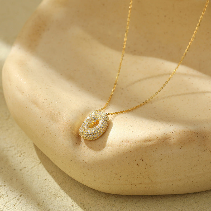 Bubble Letter Initial Pendant Necklace – Stainless Steel Zircon Jewelry for Women, 26 Letters Available