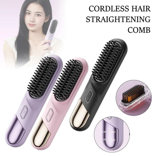 Cordless Hair Straightener Brush – Wet & Dry Fast Heating Flat Iron with Negative Ions for Smooth or Curly Hair