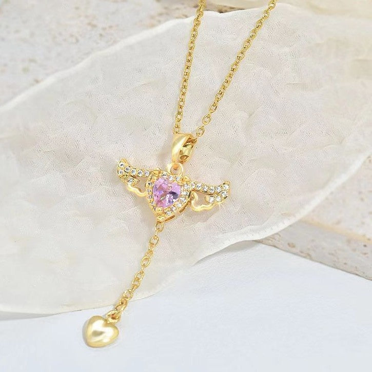Cupid Heart Necklace – Crystal Angel Wings Tassel Pendant for Women, Valentine’s Day Gift Jewelry