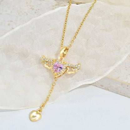 Cupid Heart Necklace – Crystal Angel Wings Tassel Pendant for Women, Valentine’s Day Gift Jewelry