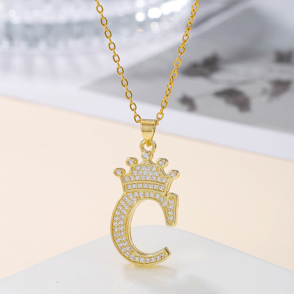 Gold Crown Letter Pendant Necklace – Elegant Diamond Initial Jewelry for Women, Gifts & Parties