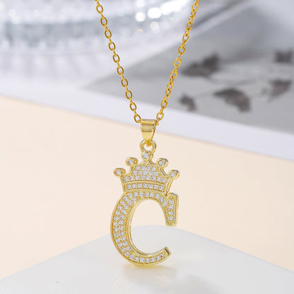 Gold Crown Letter Pendant Necklace – Elegant Diamond Initial Jewelry for Women, Gifts & Parties