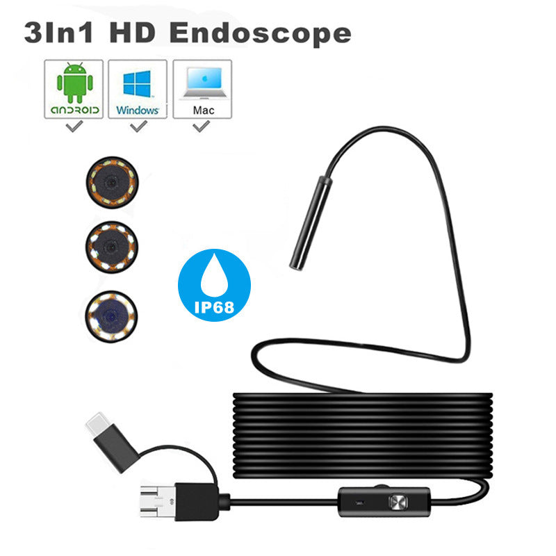 3-in-1 USB Endoscope Camera – Waterproof Borescope Inspection Tool for Android, Type-C & PC Devices