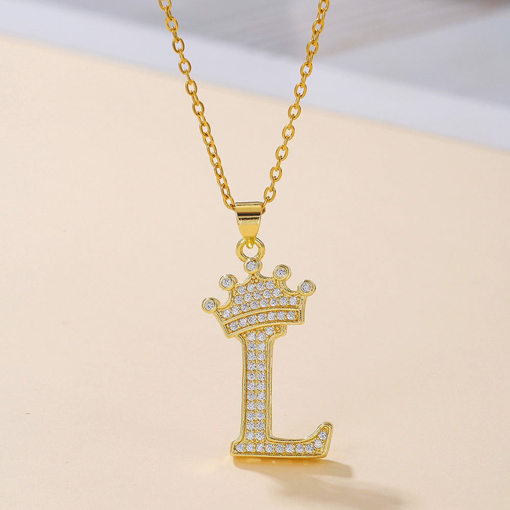 Gold Crown Letter Pendant Necklace – Elegant Diamond Initial Jewelry for Women, Gifts & Parties
