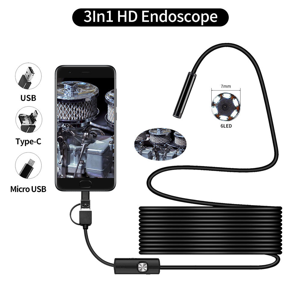3-in-1 USB Endoscope Camera – Waterproof Borescope Inspection Tool for Android, Type-C & PC Devices