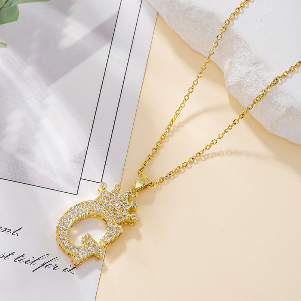Gold Crown Letter Pendant Necklace – Elegant Diamond Initial Jewelry for Women, Gifts & Parties