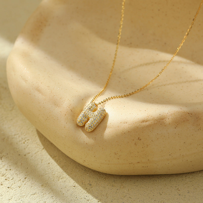 Bubble Letter Initial Pendant Necklace – Stainless Steel Zircon Jewelry for Women, 26 Letters Available