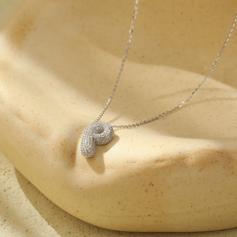 Bubble Letter Initial Pendant Necklace – Stainless Steel Zircon Jewelry for Women, 26 Letters Available