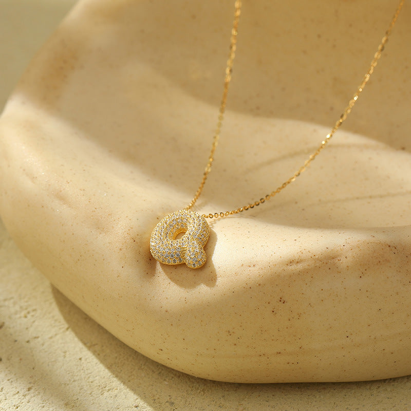 Bubble Letter Initial Pendant Necklace – Stainless Steel Zircon Jewelry for Women, 26 Letters Available