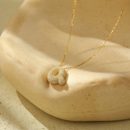 Bubble Letter Initial Pendant Necklace – Stainless Steel Zircon Jewelry for Women, 26 Letters Available