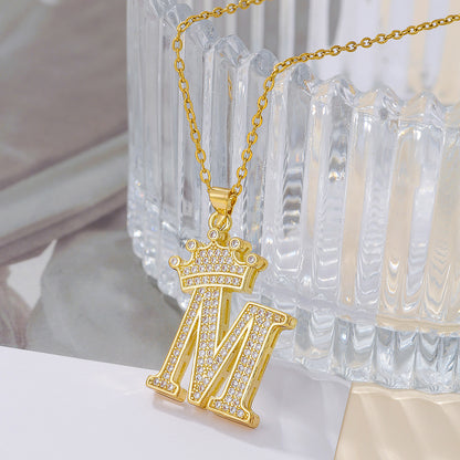 Gold Crown Letter Pendant Necklace – Elegant Diamond Initial Jewelry for Women, Gifts & Parties