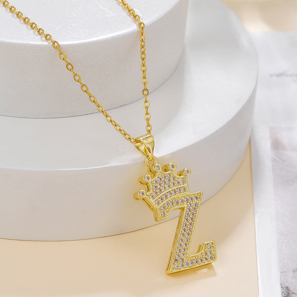 Gold Crown Letter Pendant Necklace – Elegant Diamond Initial Jewelry for Women, Gifts & Parties