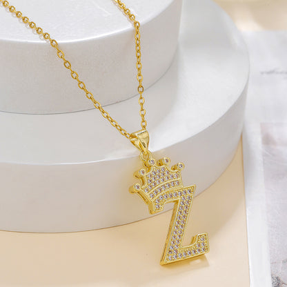 Gold Crown Letter Pendant Necklace – Elegant Diamond Initial Jewelry for Women, Gifts & Parties