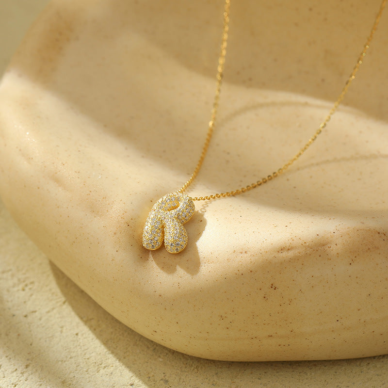 Bubble Letter Initial Pendant Necklace – Stainless Steel Zircon Jewelry for Women, 26 Letters Available