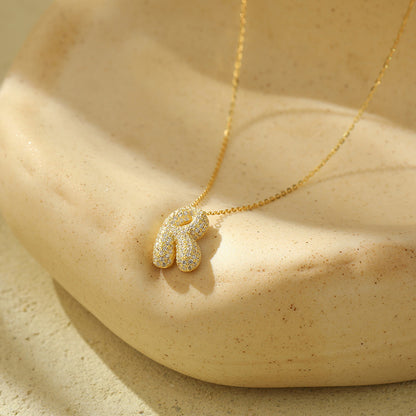 Bubble Letter Initial Pendant Necklace – Stainless Steel Zircon Jewelry for Women, 26 Letters Available