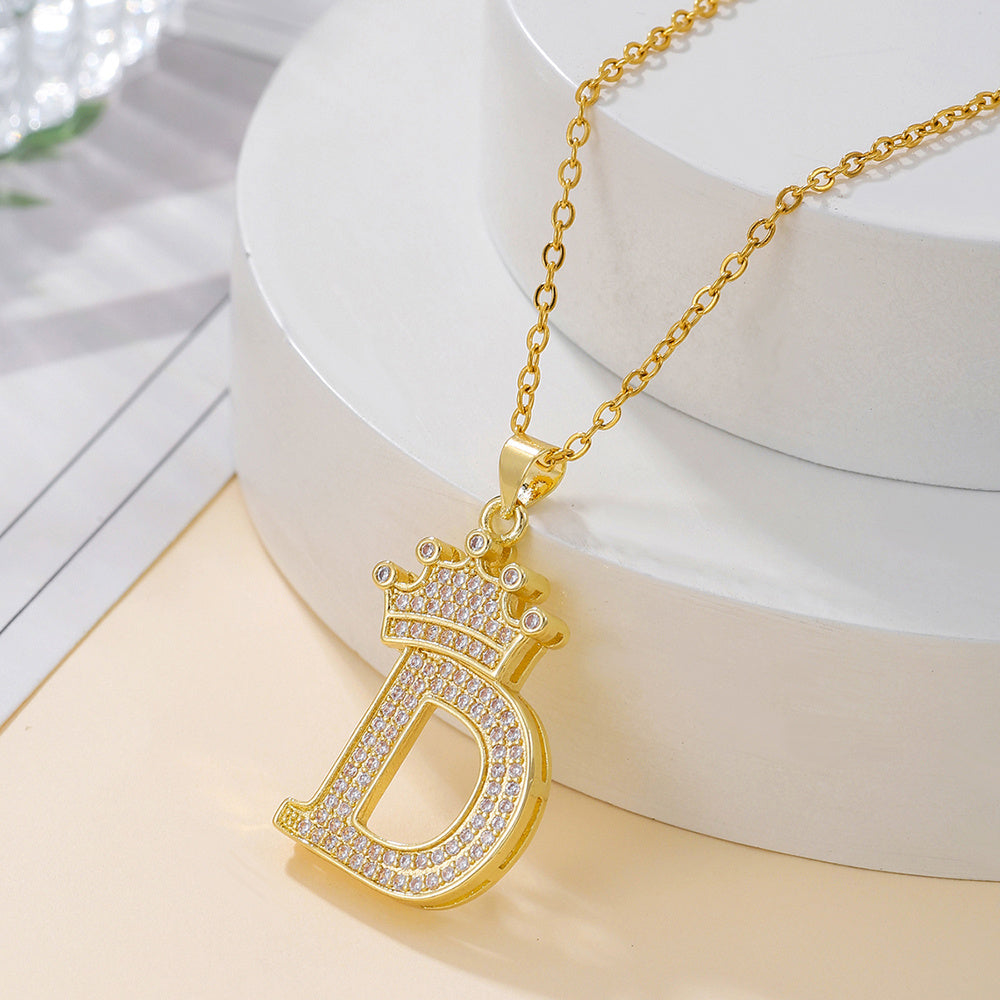 Gold Crown Letter Pendant Necklace – Elegant Diamond Initial Jewelry for Women, Gifts & Parties