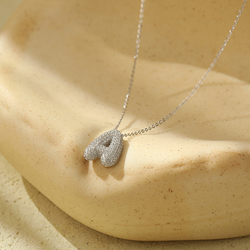 Bubble Letter Initial Pendant Necklace – Stainless Steel Zircon Jewelry for Women, 26 Letters Available
