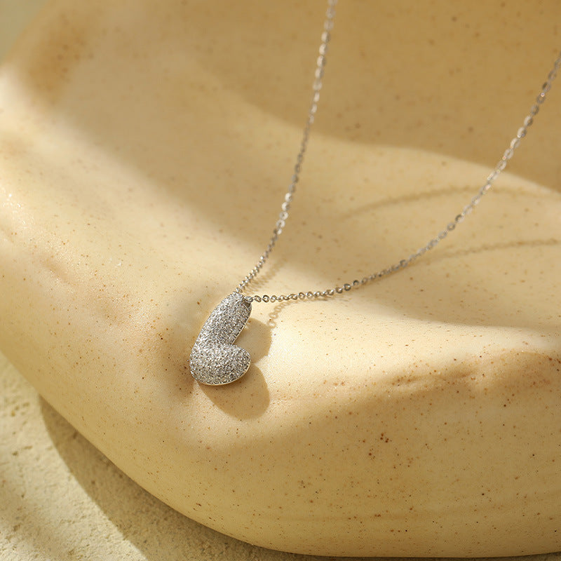 Bubble Letter Initial Pendant Necklace – Stainless Steel Zircon Jewelry for Women, 26 Letters Available