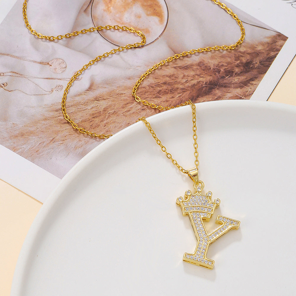 Gold Crown Letter Pendant Necklace – Elegant Diamond Initial Jewelry for Women, Gifts & Parties