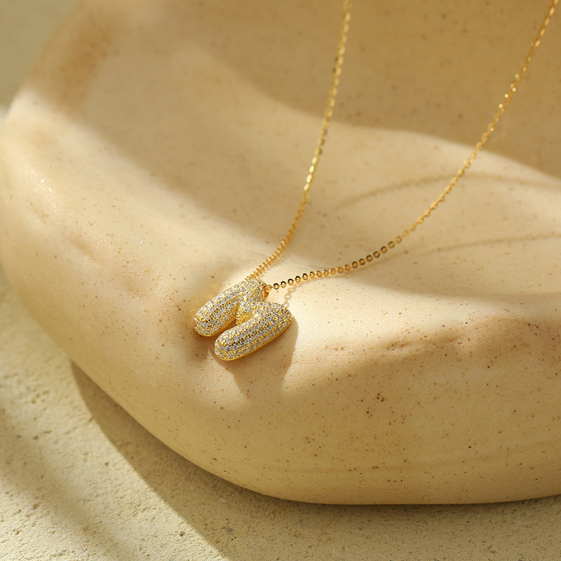 Bubble Letter Initial Pendant Necklace – Stainless Steel Zircon Jewelry for Women, 26 Letters Available