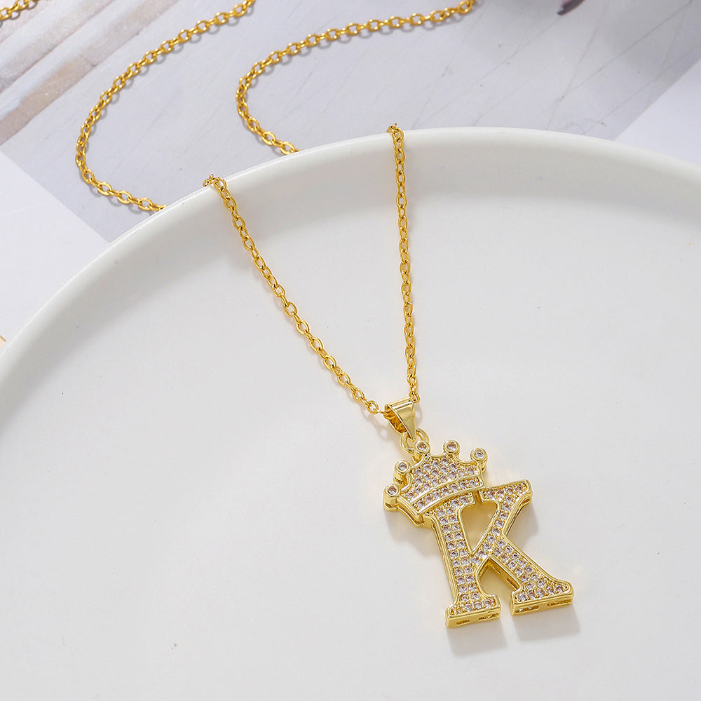 Gold Crown Letter Pendant Necklace – Elegant Diamond Initial Jewelry for Women, Gifts & Parties