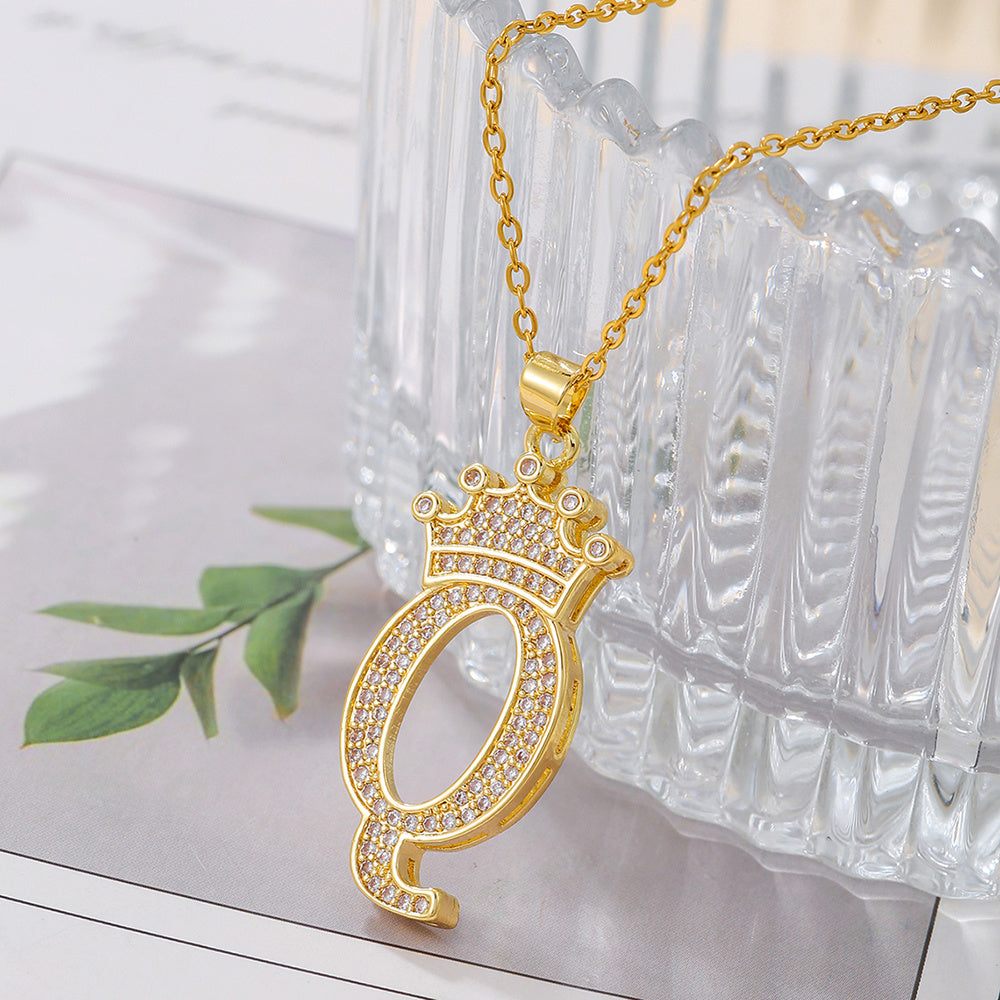 Gold Crown Letter Pendant Necklace – Elegant Diamond Initial Jewelry for Women, Gifts & Parties