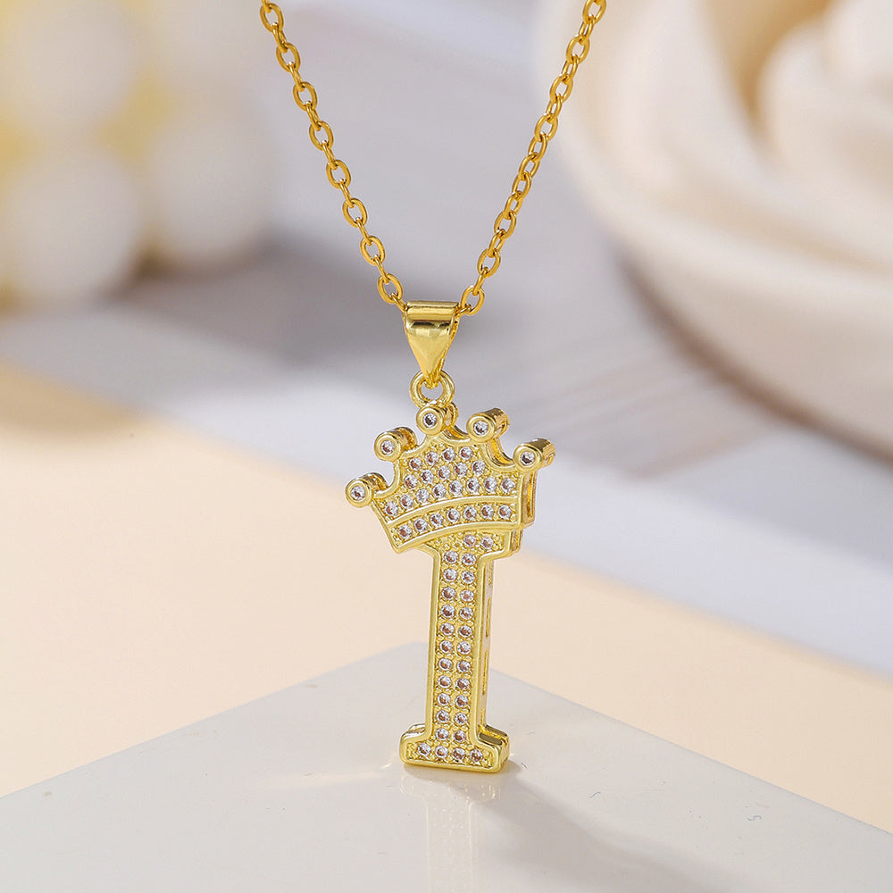 Gold Crown Letter Pendant Necklace – Elegant Diamond Initial Jewelry for Women, Gifts & Parties