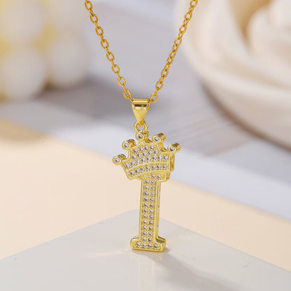 Gold Crown Letter Pendant Necklace – Elegant Diamond Initial Jewelry for Women, Gifts & Parties