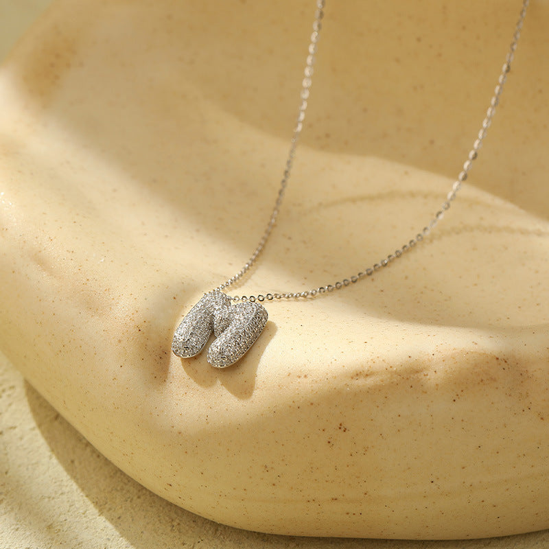Bubble Letter Initial Pendant Necklace – Stainless Steel Zircon Jewelry for Women, 26 Letters Available