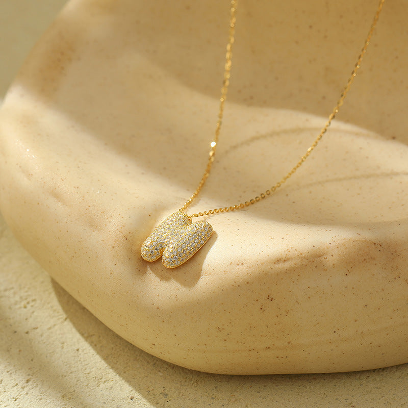 Bubble Letter Initial Pendant Necklace – Stainless Steel Zircon Jewelry for Women, 26 Letters Available