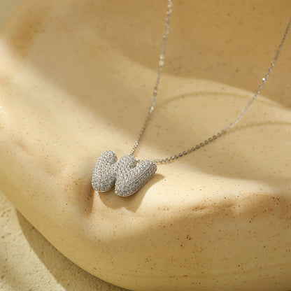 Bubble Letter Initial Pendant Necklace – Stainless Steel Zircon Jewelry for Women, 26 Letters Available