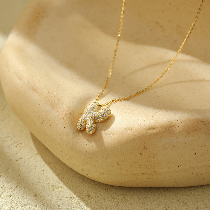 Bubble Letter Initial Pendant Necklace – Stainless Steel Zircon Jewelry for Women, 26 Letters Available