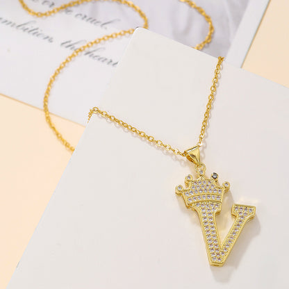 Gold Crown Letter Pendant Necklace – Elegant Diamond Initial Jewelry for Women, Gifts & Parties