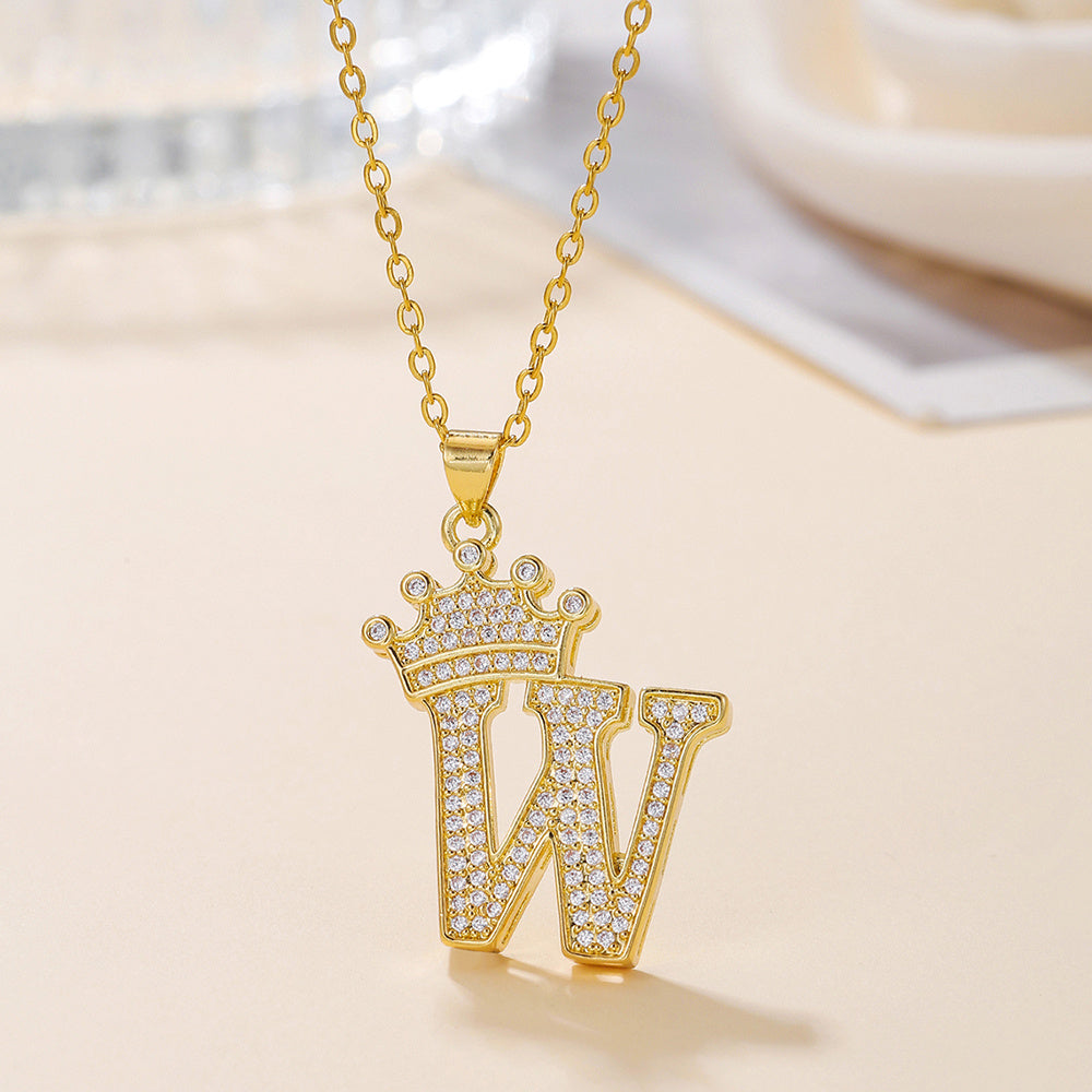 Gold Crown Letter Pendant Necklace – Elegant Diamond Initial Jewelry for Women, Gifts & Parties